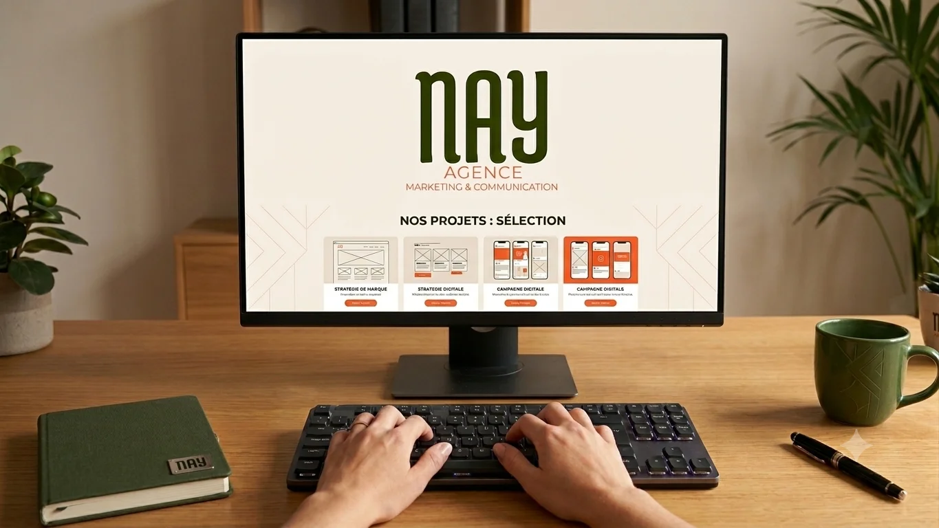 Présentation NAY Agence sur écran avec mains au clavier